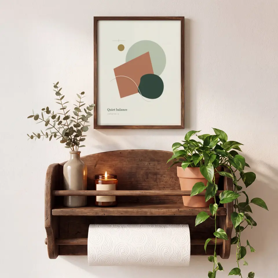Botanical Powder Room: A slim dark wood frame hangs on a pale wall above a rustic wooden wall rack holding a stoneware vase of eucalyptus, an amber candle, a trailing pothos in a terracotta pot and a roll of paper.