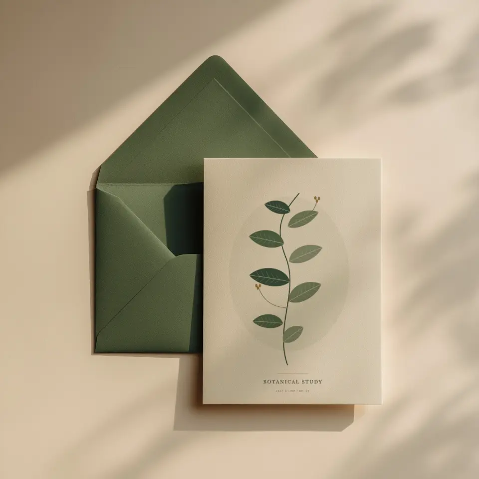 Olive Envelope: A cream portrait card rests over a deep olive green envelope on a warm beige surface, with soft leaf shadows drifting across the top corner in window light.