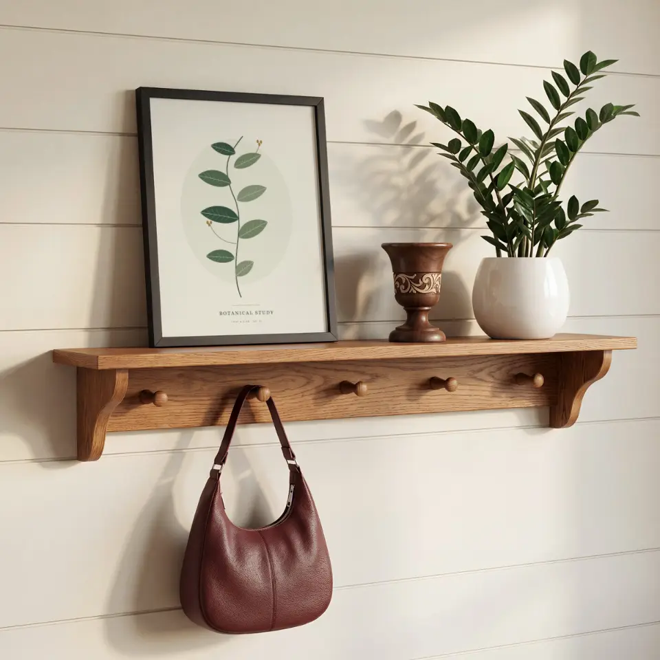 Peg Shelf & Leather: A thin black frame leans against white shiplap on an oak peg shelf, sharing the ledge with a glossy white planter and a carved wooden goblet.