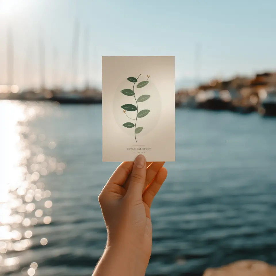 Harbor Light Card: A single white card is held up by hand against a sunlit marina, with sailboat masts, moored yachts and a low headland softening into blur behind it.