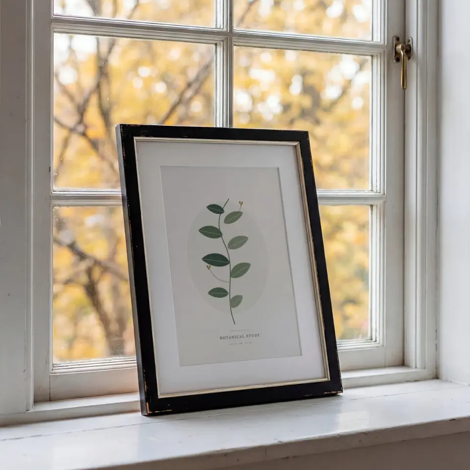 Autumn Sill with Mat: A lightly worn black frame with a fine gold inner edge and a wide white mat leans against the glazing bars of a white sash window.