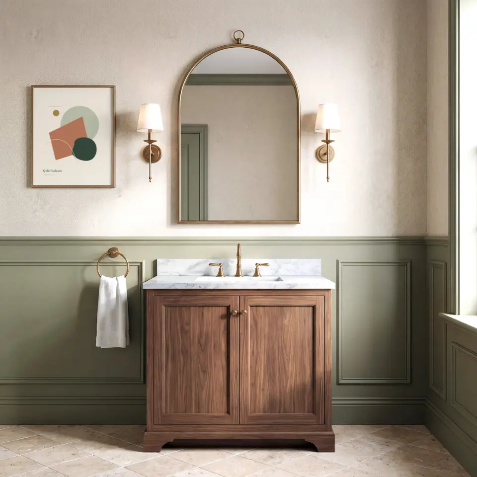 Sage powder room: A slim brass frame hangs on a cream wall beside an arched brass mirror in a sage-green powder room, flanked by ivory sconces.