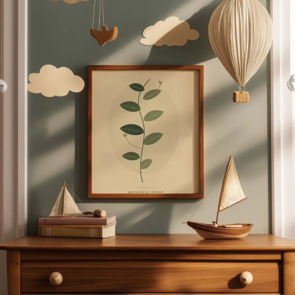 Little Voyager: A warm honey-wood frame hangs on a dusty teal nursery wall, surrounded by paper clouds, a hanging wooden whale and a pleated fabric hot-air balloon.