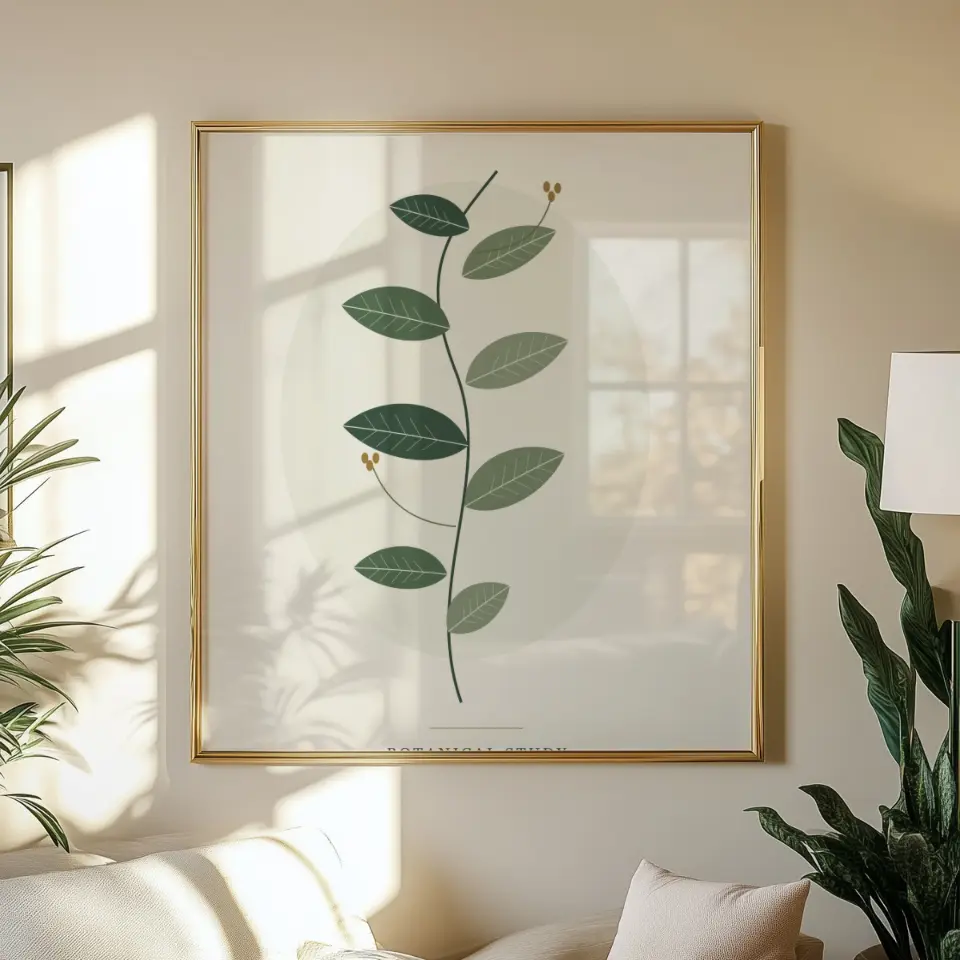 Golden Window Study: A slim gold frame hangs above a cream sofa in a bright sitting room, its glass catching reflections of a sunlit window and the fronds of nearby houseplants.