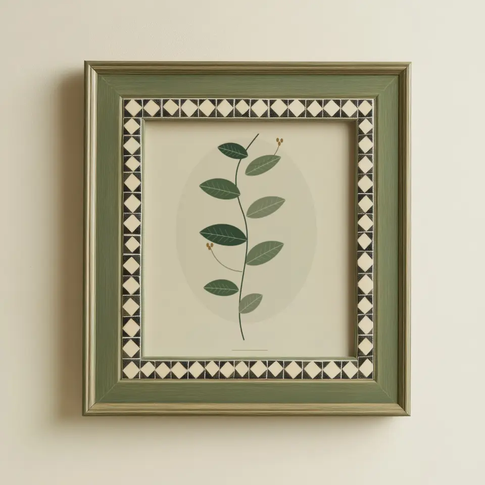 Sage Mosaic: A sage-green painted frame with a narrow diamond-and-triangle inlay in black and ivory hangs on a plain cream wall.