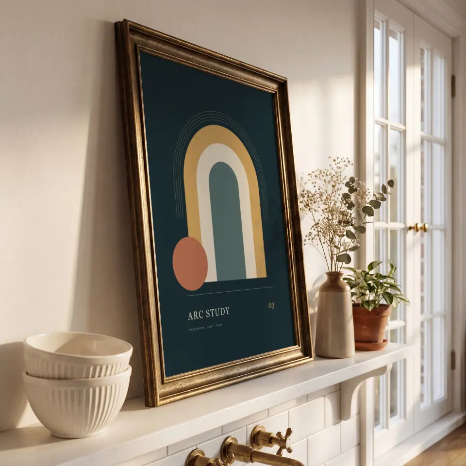 Cottage Sink Frame: An antique gold frame with a burnished, softly moulded profile leans against a cream wall above a cottage sink, with no mat so the opening fills the frame.