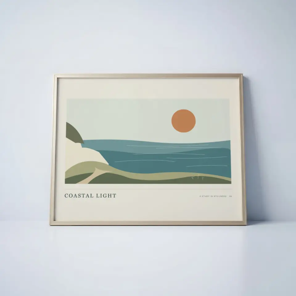 Minimal Landscape: A very thin champagne-toned frame leans against a cool white wall, resting on a matching white floor with only a faint shadow to anchor it.