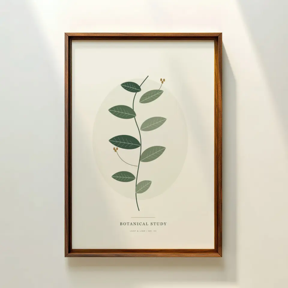 Tall Frame in Sunlight: A slender dark-wood frame hangs on a cream wall, its upper right edge catching a streak of warm sunlight so the grain glows almost amber.