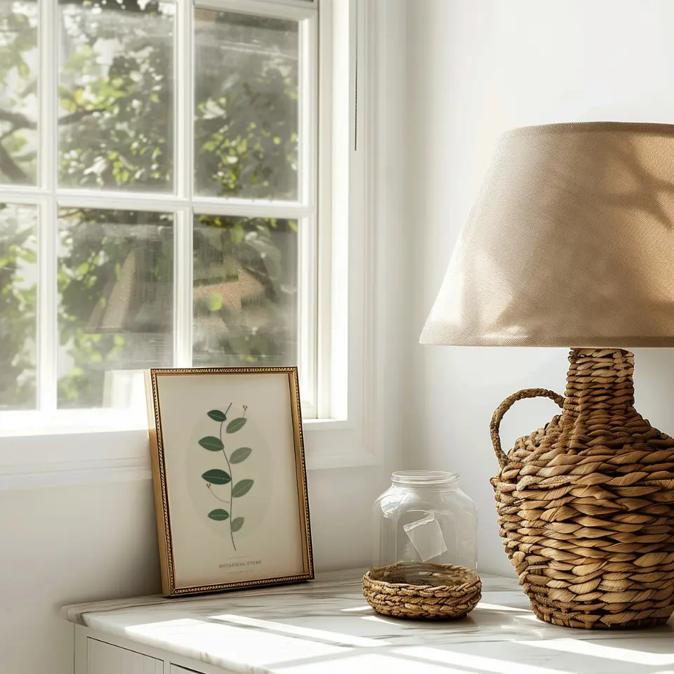 Woven Lamp Corner: A small gold frame with a beaded edge leans against the white frame of a bright window, resting on a white painted surface.