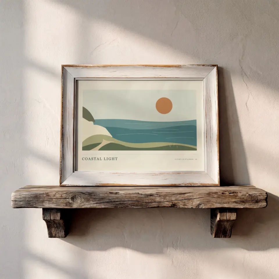 Weathered Timber Ledge: A pale whitewashed frame with distressed edges rests on a rough, weathered timber shelf mounted on a plaster wall.