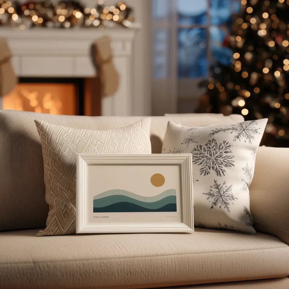 Fireside Christmas: A white wooden frame with a softly stepped edge rests on a cream sofa, propped between a textured cushion and a snowflake-printed pillow.