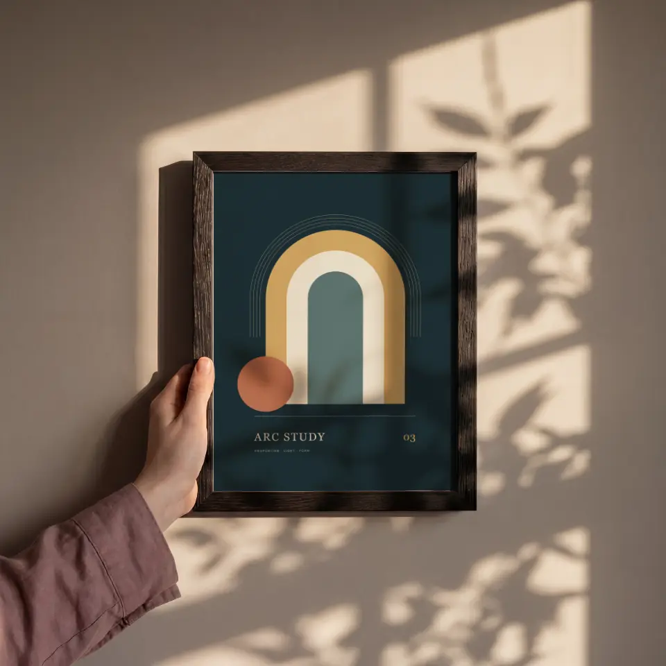 Held in Afternoon Light: A hand in a dusty pink linen sleeve holds a slim dark wood frame against a warm taupe wall.