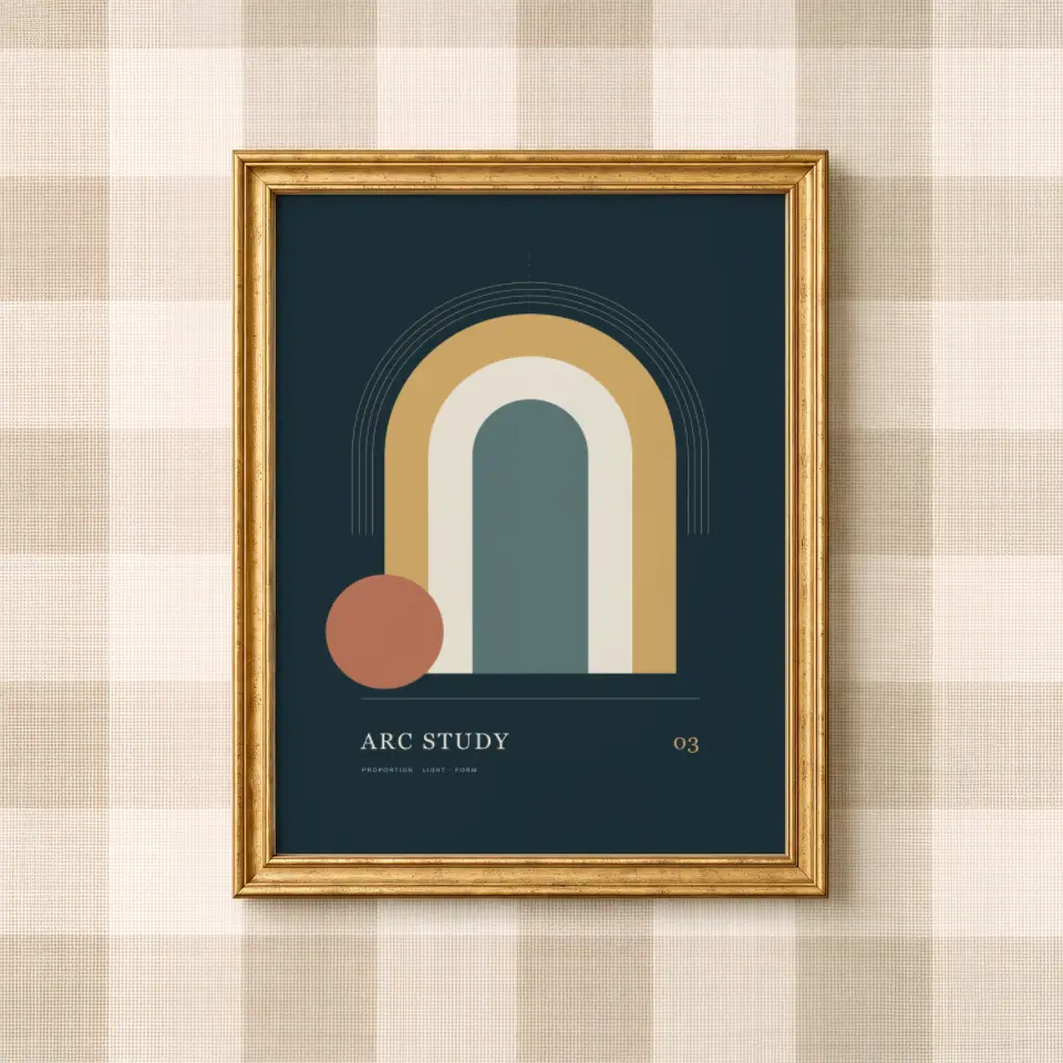 Gingham Gold: A slender gold frame with a lightly beaded inner edge hangs squarely on wallpaper printed in a large cream and beige gingham check.