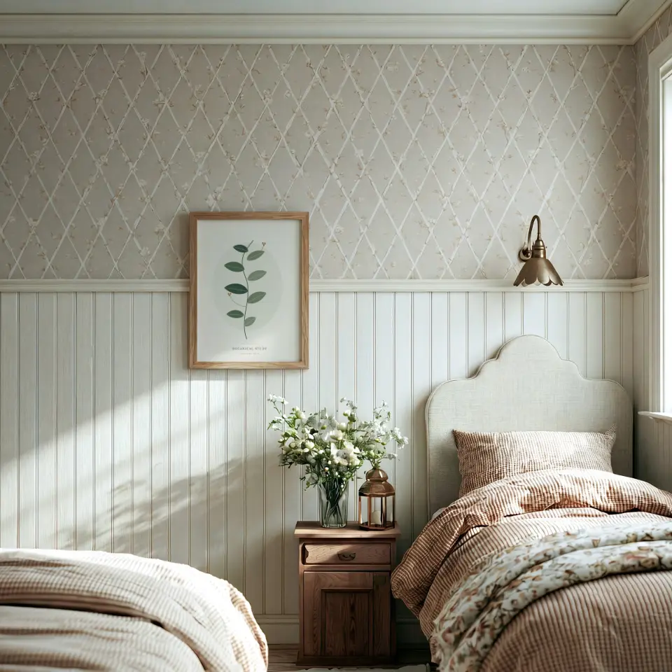 Lattice Bedroom: A small light oak frame hangs on trellis-patterned wallpaper above white beadboard in a country bedroom.