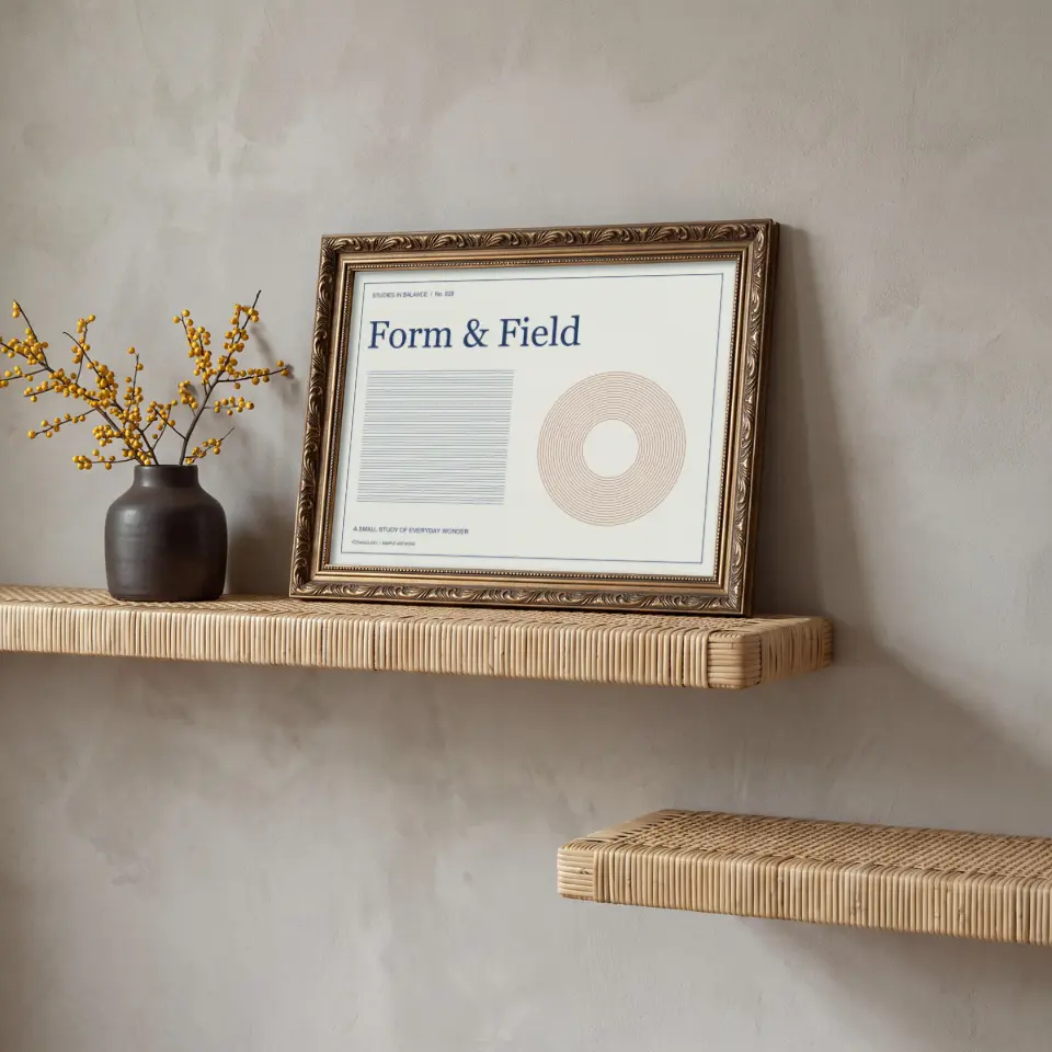 Woven Shelf & Yellow Stems: An ornate antique gold frame with a scrolled edge leans against a limewashed plaster wall on a floating shelf wrapped in woven rattan.