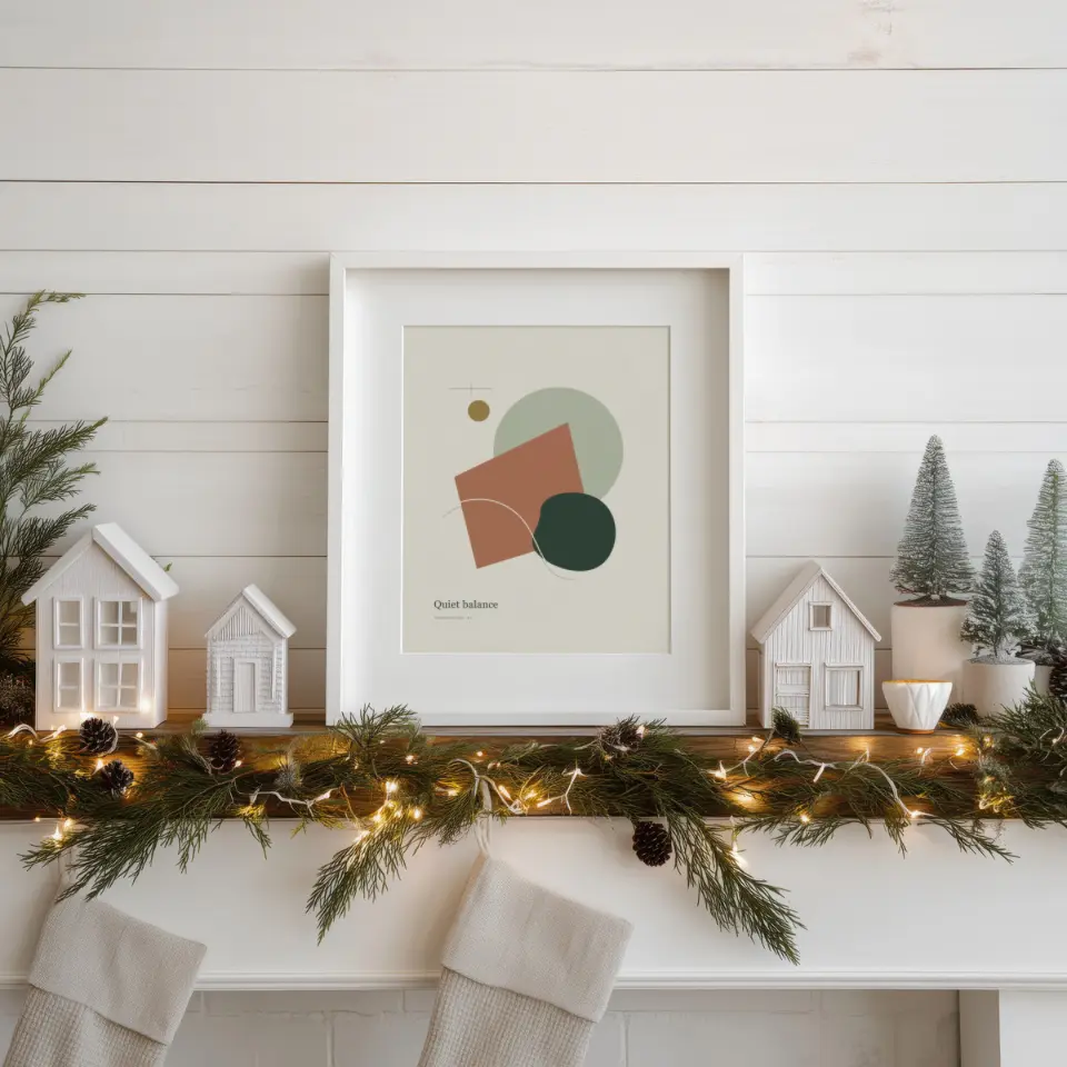 White Christmas Mantel: A white frame with a generous white mat stands on a wooden mantel against white shiplap boards.