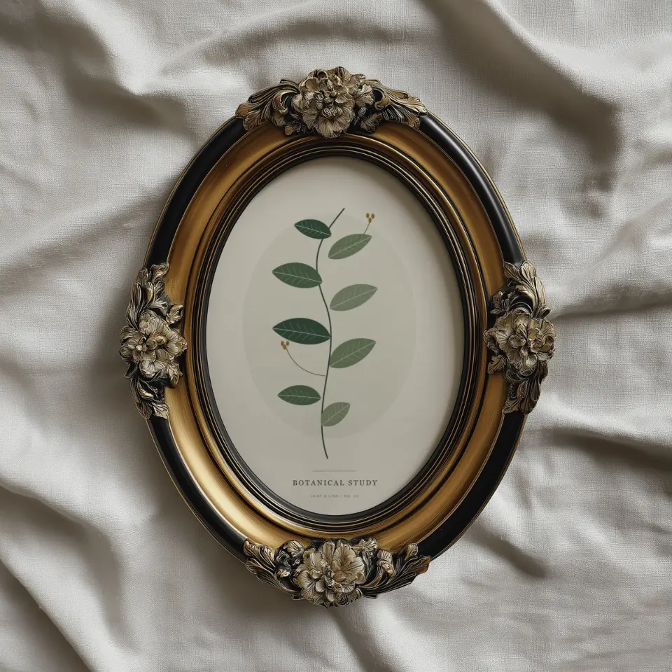 Gilded Oval on Linen: An oval frame in antique gold and black lies flat on softly rumpled natural linen, viewed directly from above.