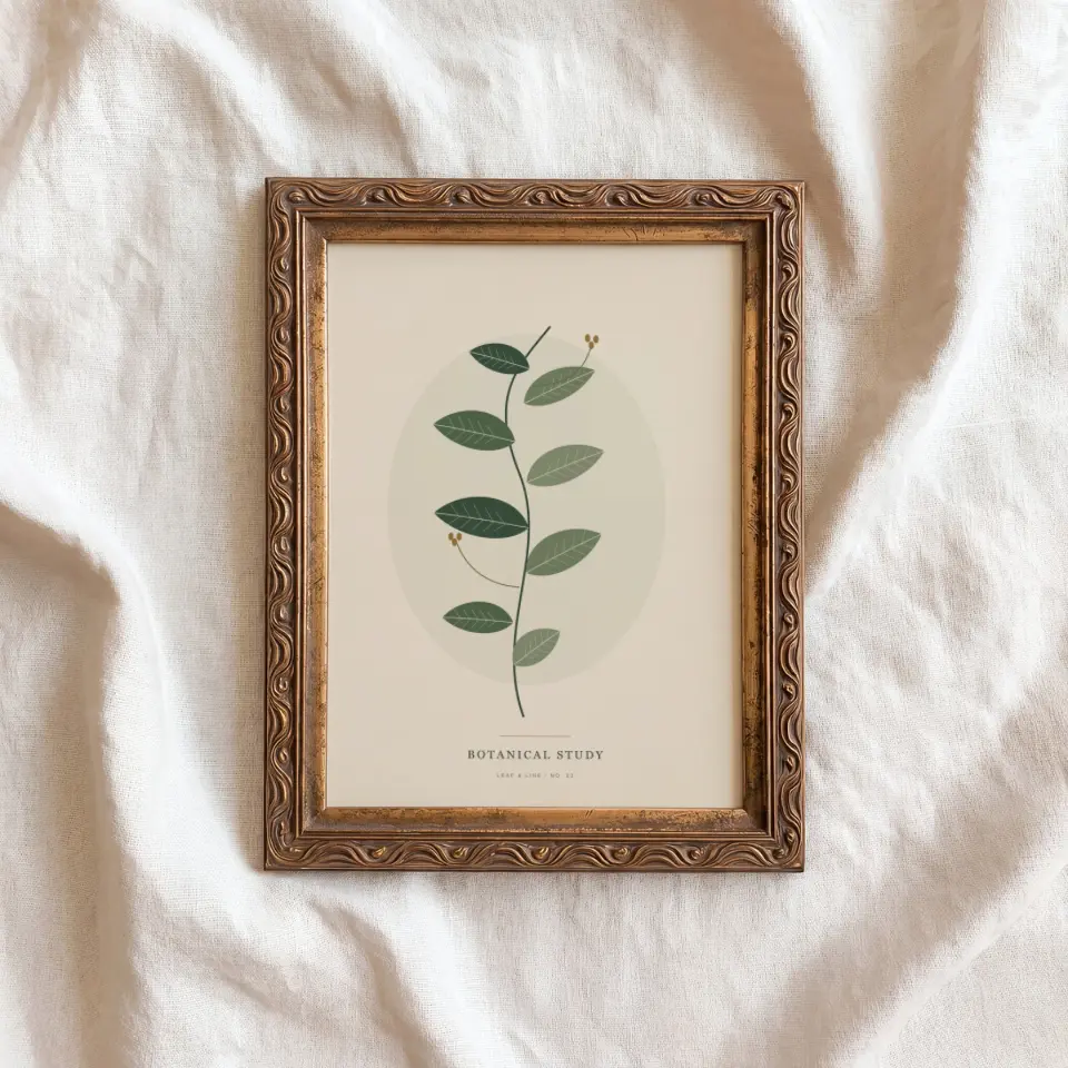 Carved Linen Keepsake: A carved antique gold frame with a repeating leaf-and-scroll pattern lies on crumpled white linen, viewed from above.