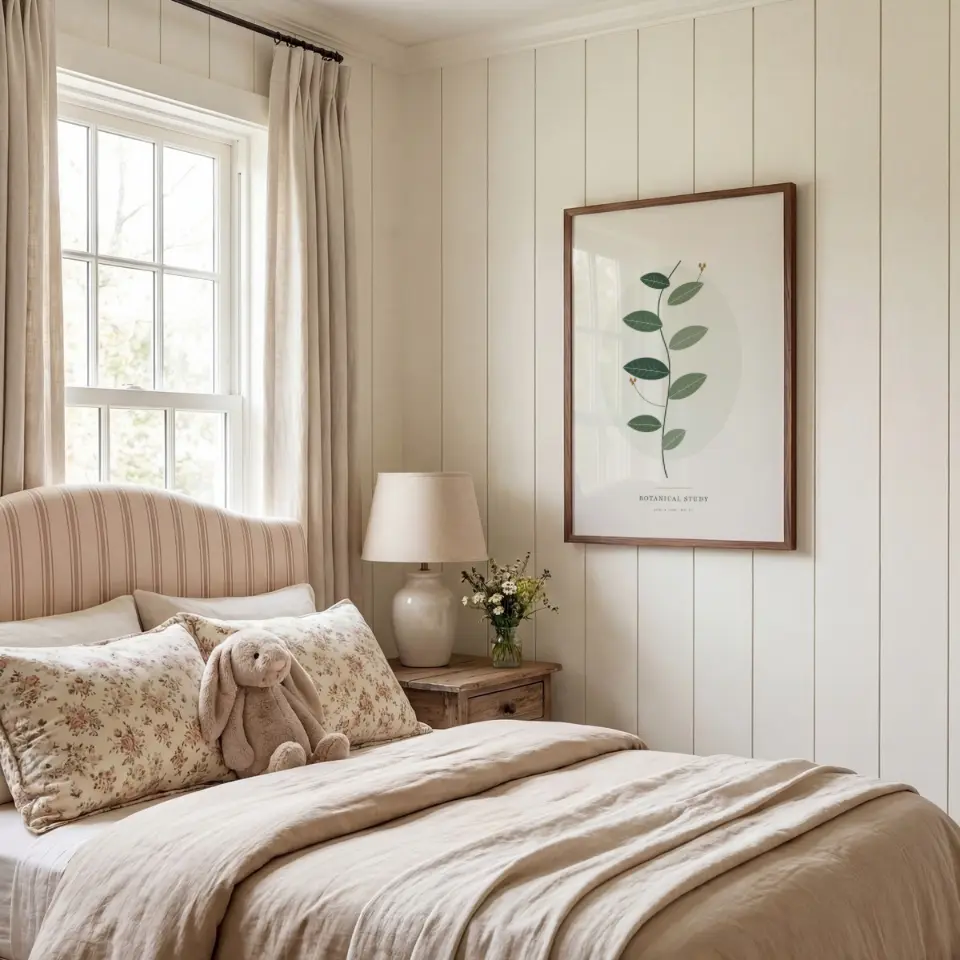 Linen Nursery: A slim walnut frame hangs on cream vertical panelling in a gentle child's bedroom.