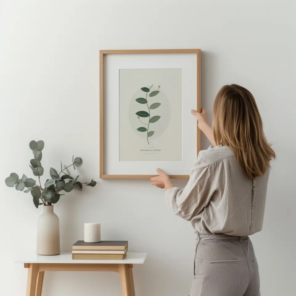 The Finishing Touch: A woman in a pale linen blouse straightens a natural oak frame with a wide white mat on a plain white wall.