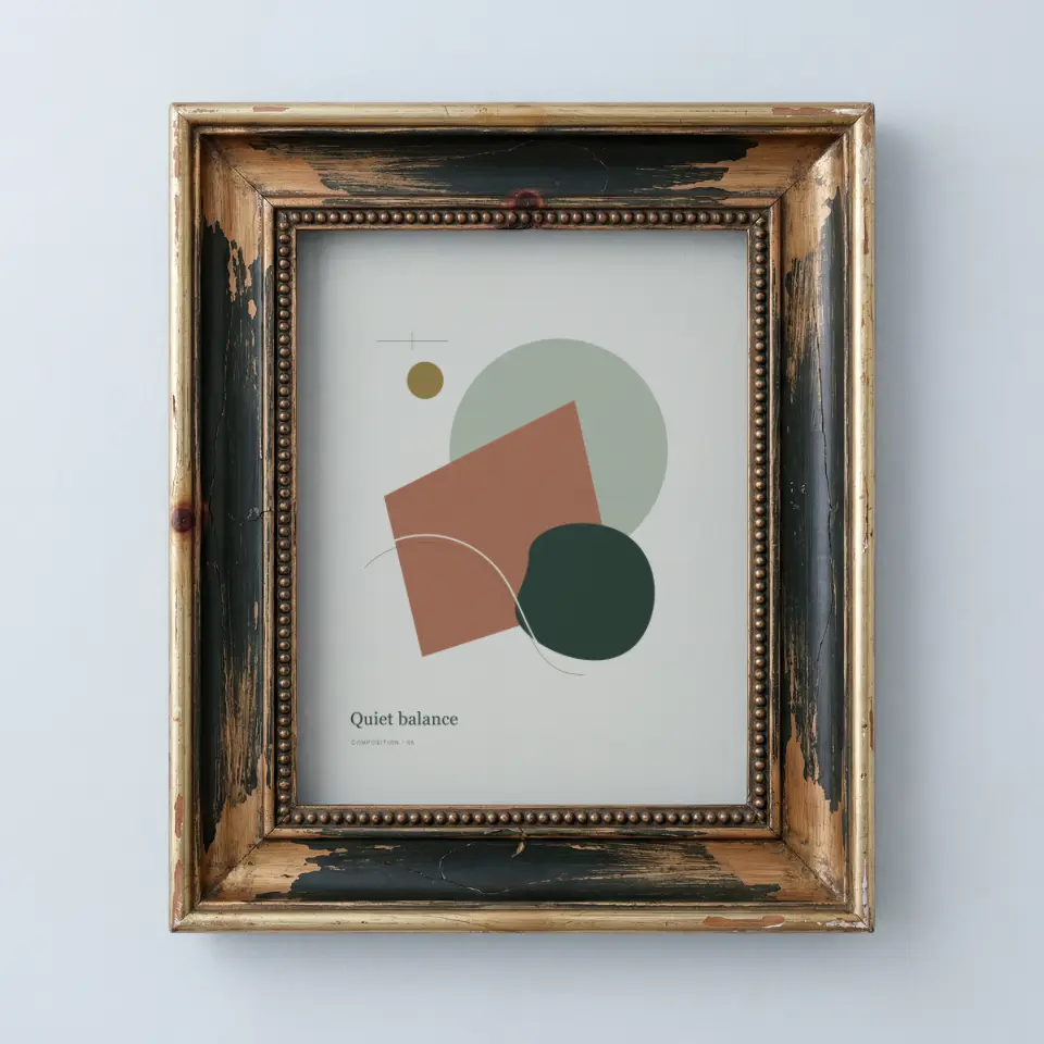 Timeworn Gilded Portrait: A wide, heavily worn frame hangs on a cool pale grey wall, its gilt surface scraped through in places to reveal streaks of dark green-black paint and bare wood.