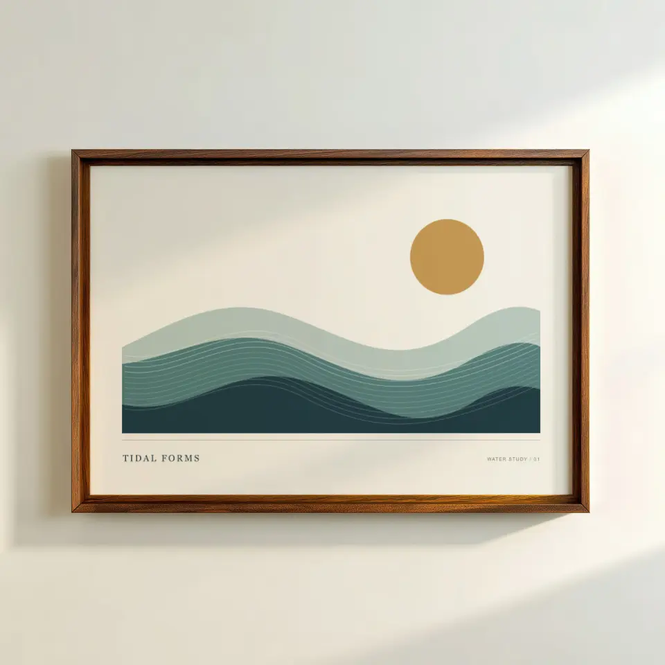 Walnut on Cream: A thin walnut frame with a visible grain hangs on a cream wall crossed by a soft diagonal shaft of sunlight.