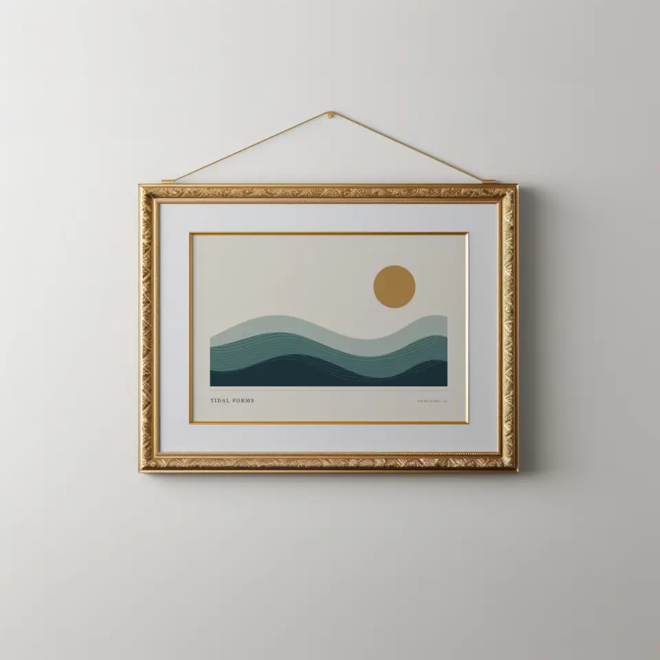 Hanging Gold Landscape: A finely textured gold frame hangs from a slender cord pinned to a pale grey wall, holding a white mat edged with a thin gilt fillet.