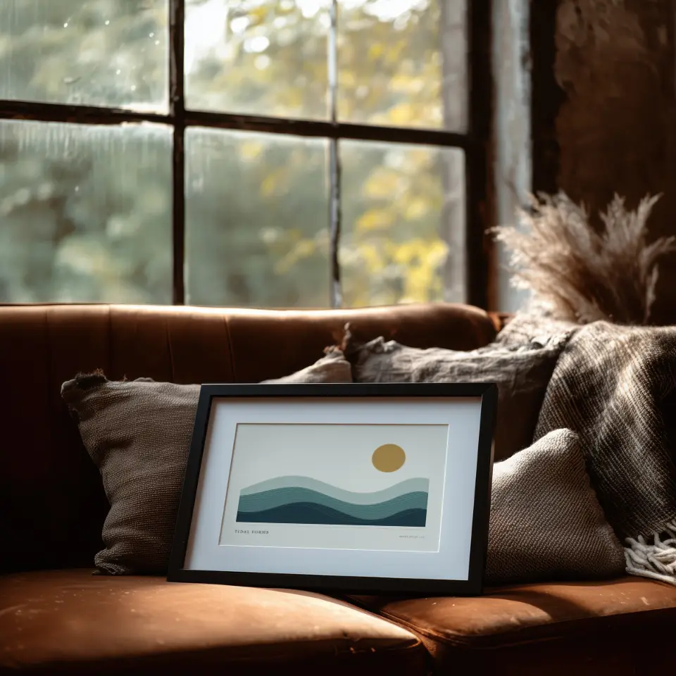 Loft Window & Leather: A slim black frame with a broad white mat rests on the seat of a worn tan leather sofa, leaning against grey cushions and a chunky knitted throw.