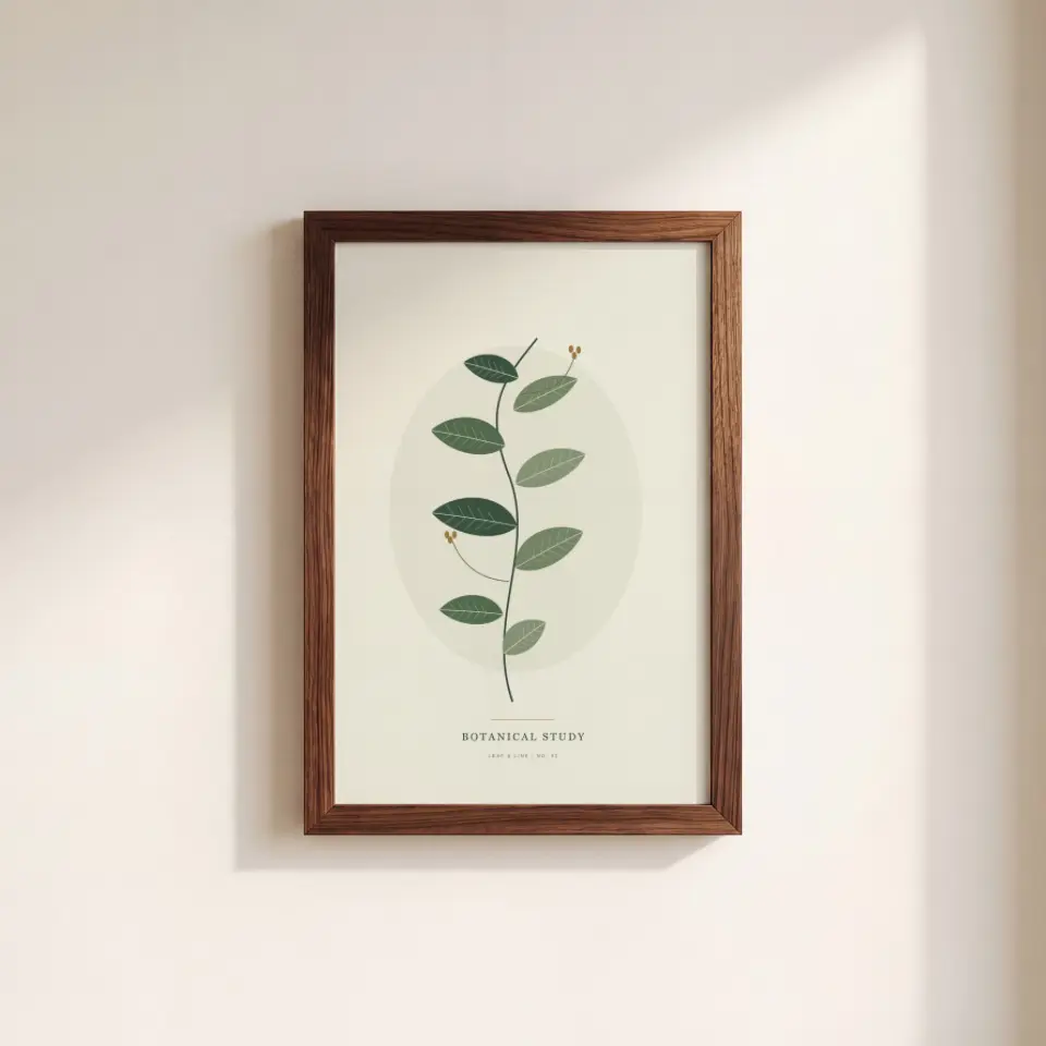 Slender Wood Study: A tall walnut frame with a warm, streaked grain hangs alone on a pale plaster wall.