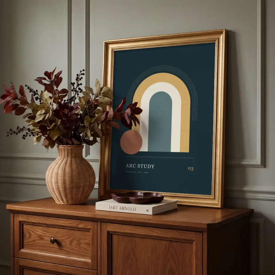 Autumn Gold Cabinet: A tall gold frame with a smooth stepped profile leans against grey-green panelled walls on a warm oak cabinet.