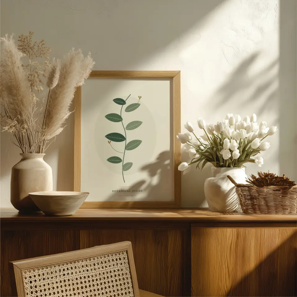 Sunlit Tulips: A natural oak frame leans against a textured white wall on a warm oak sideboard, flanked by a tall vase of pampas plumes and a ceramic pitcher crowded with white tulips.