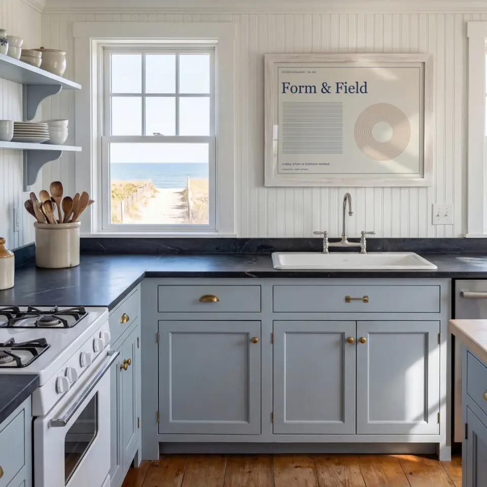 Coastal Kitchen Window: A whitewashed wide frame hangs on beadboard panelling above a blue-grey kitchen sink, with the sea and dunes visible through the window to its left.
