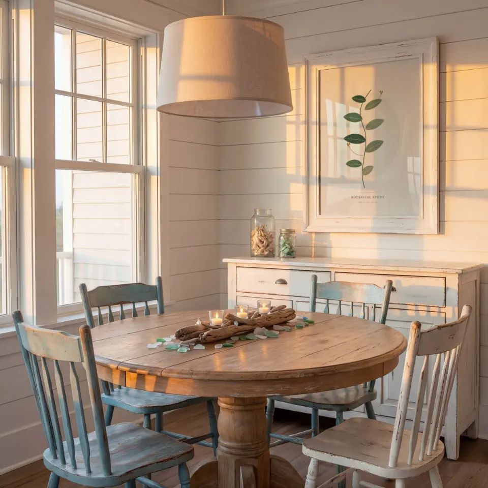 Golden Hour Dining: A chalky distressed white wide frame hangs on shiplap above a painted sideboard, with a round farmhouse table, mismatched chairs and a drum pendant in the foreground.