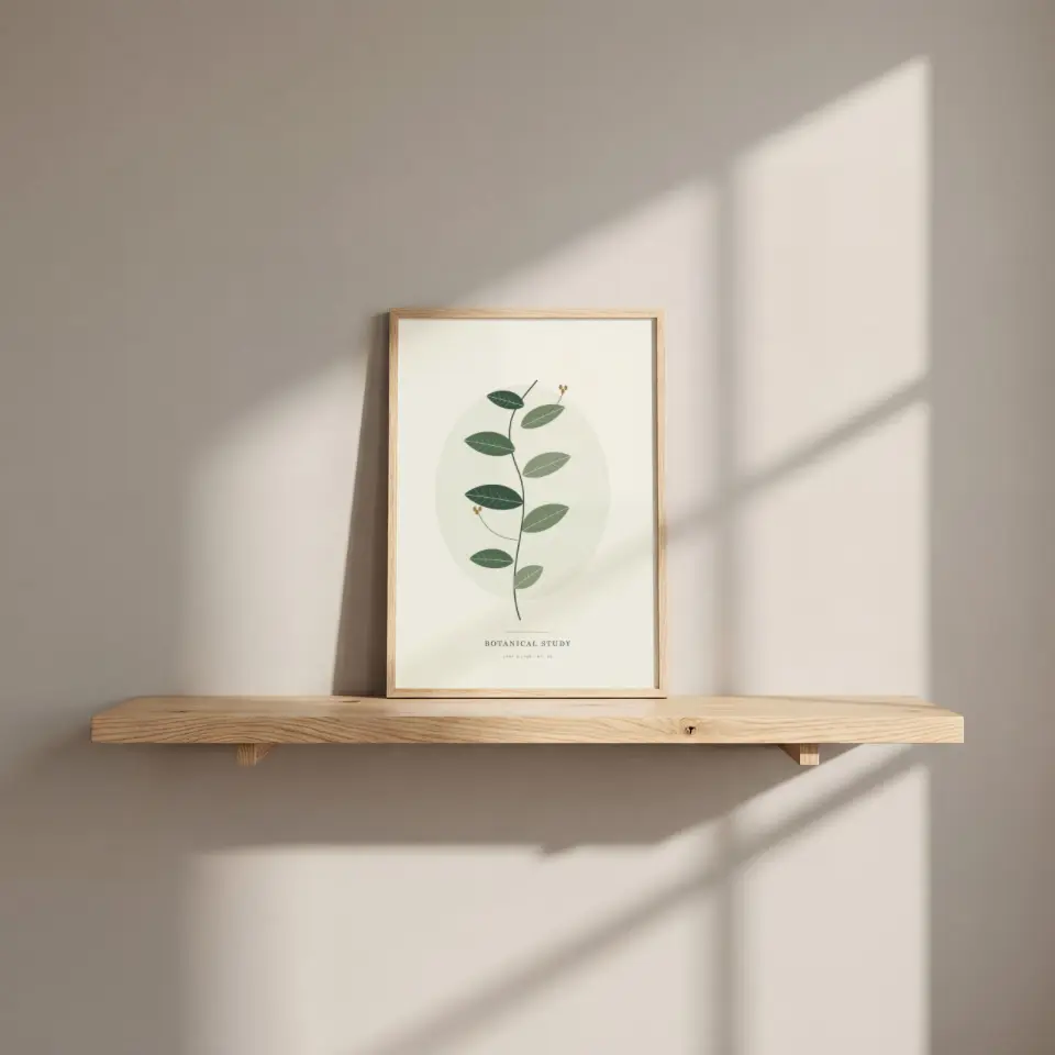 Long Shelf Sunlight: A small slim oak frame rests on a long pale ash shelf fixed to a warm greige wall.