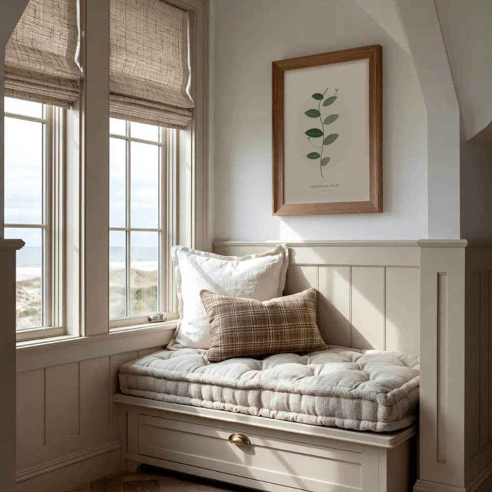 Coastal Window Seat: A slim warm oak frame hangs above a built-in window seat with a tufted linen cushion, a white pillow and a plaid bolster.