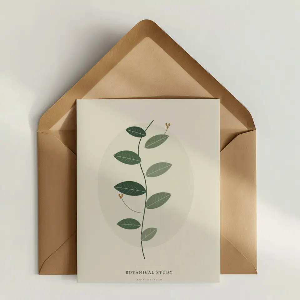 Kraft Correspondence: A flat white card rests over the open flap of a kraft envelope on a pale grey surface, viewed straight from above.