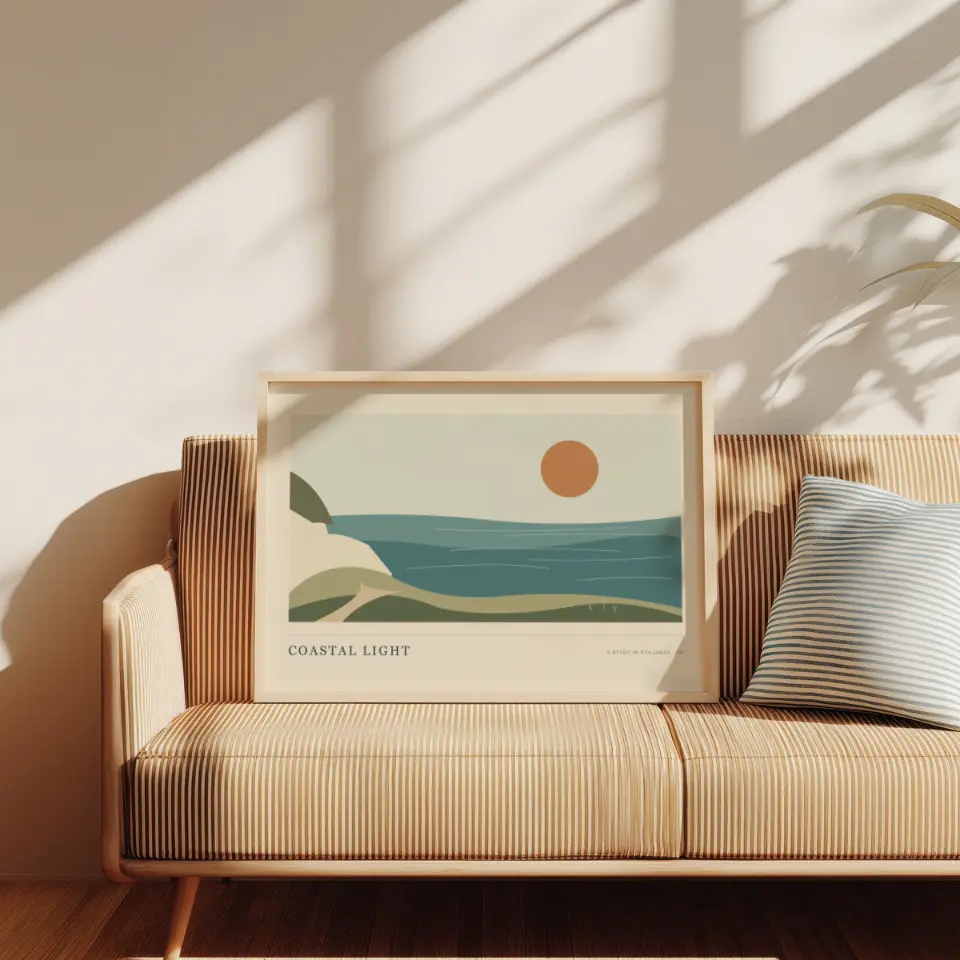 Striped Armchair: A slim natural wood frame rests on the seat of a yellow-and-white striped sofa beside a blue striped cushion.
