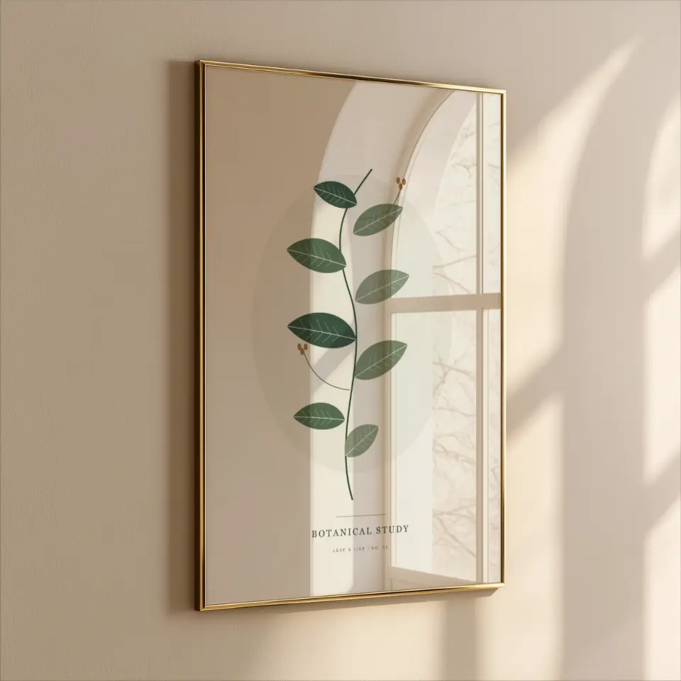 Arched Window Gold: A thin gold frame hangs on a warm plaster wall, viewed at a slight angle so an arched window and bare tree branches reflect across the glass.