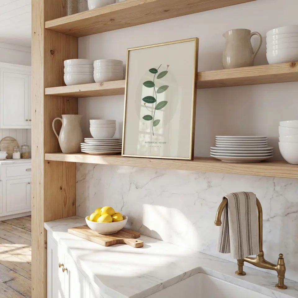 Crockery Shelf: A slim gold frame leans on an open oak shelf among stacked white bowls, plates and stoneware jugs in a bright kitchen.