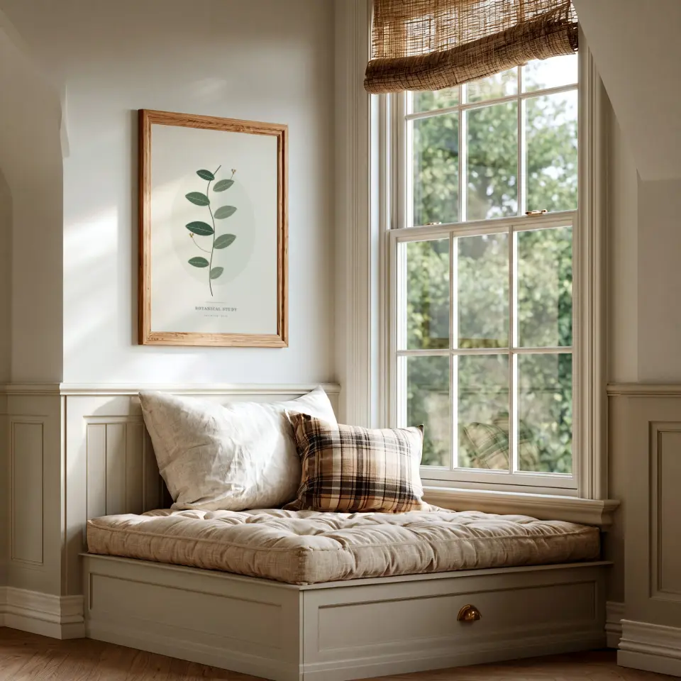 Window Seat Light: A slim warm oak frame hangs beside a tall sash window above a cushioned window seat, with a linen pillow and a plaid cushion resting against the panelled wall.