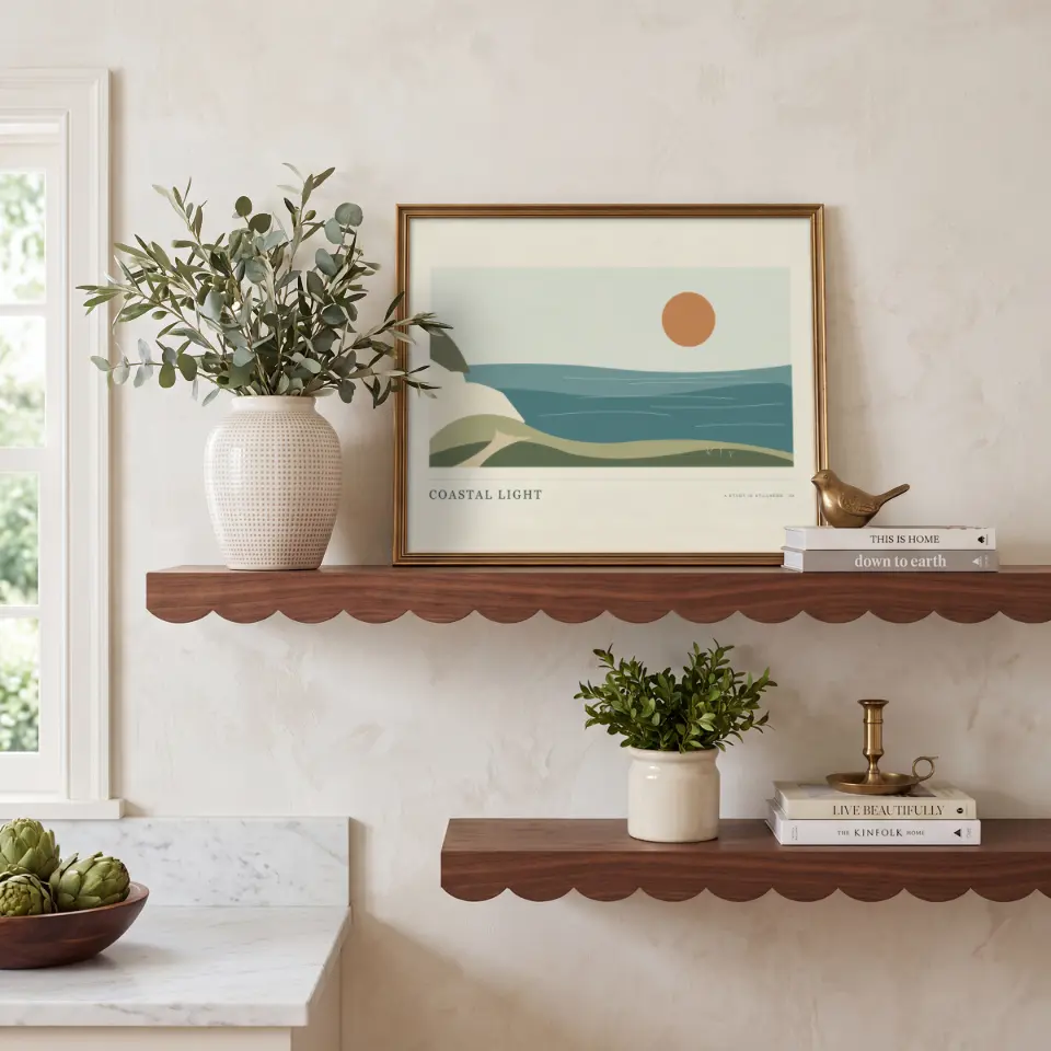 Olive & Scalloped Shelves: A thin gold frame leans on a scalloped walnut shelf against a pale plaster wall, with olive branches in a ridged cream vase to the left and a small brass bird perched on a stack of books to the right.