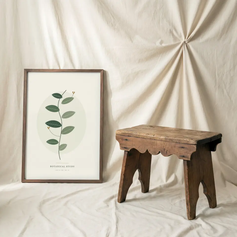 Gathered Linen & Stool: A tall slim walnut frame leans against a backdrop of gathered cream linen that has been pinched into a soft rosette near the top.