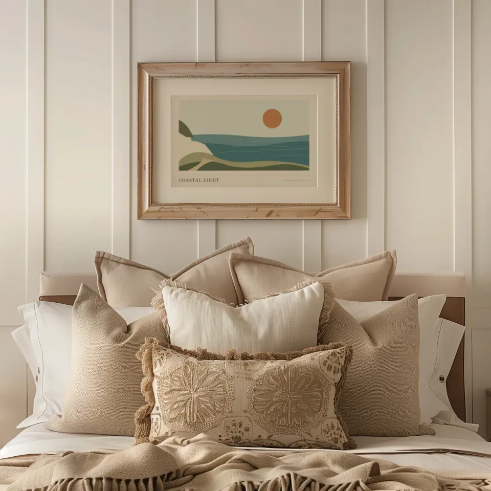 Warm Linen Bedroom: A natural oak frame with a wide cream mat hangs on a white panelled wall above a bed stacked with layered pillows in oatmeal, white and embroidered tan.