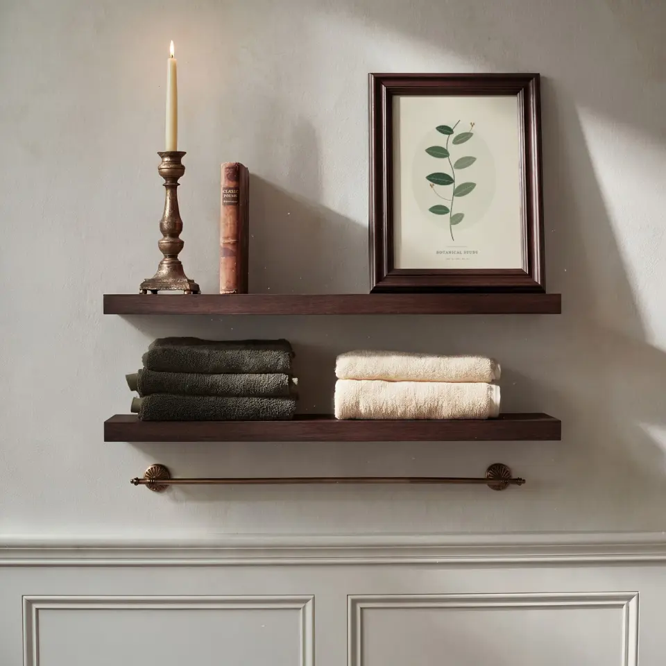 Towels & Candlelight: A stepped dark wood frame leans on the upper of two espresso floating shelves, sharing the ledge with a lit brass candlestick and a worn leather book.