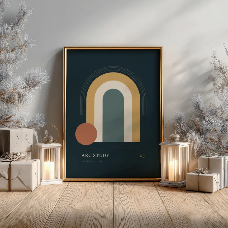 Winter Gold & Lanterns: A slim gold frame rests on pale wooden floorboards against a soft white wall, flanked by frosted evergreen branches, ivory wrapped parcels and two white lanterns with candles glowing inside.