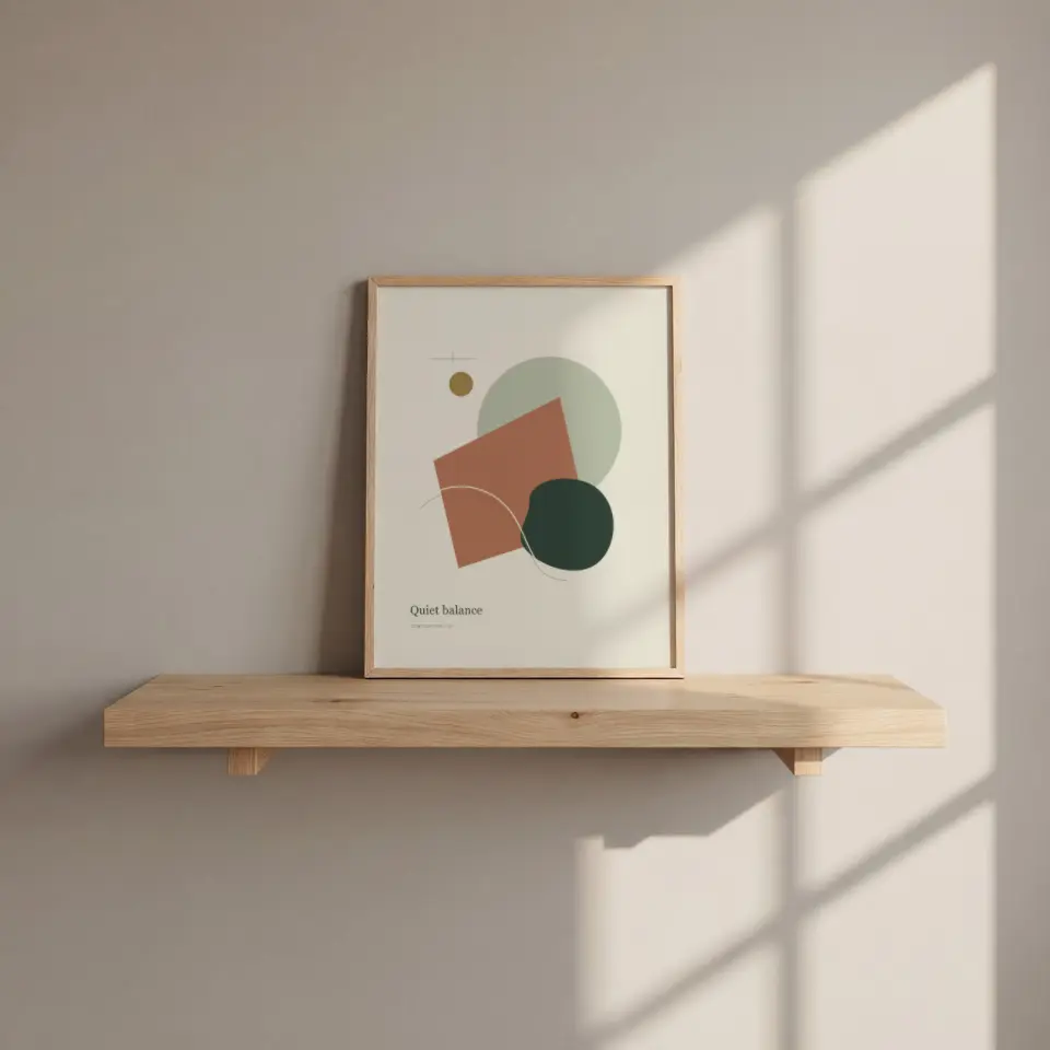 Afternoon Shelf: A pale oak frame with a narrow profile stands on a chunky light wood shelf, backed by a warm greige wall.