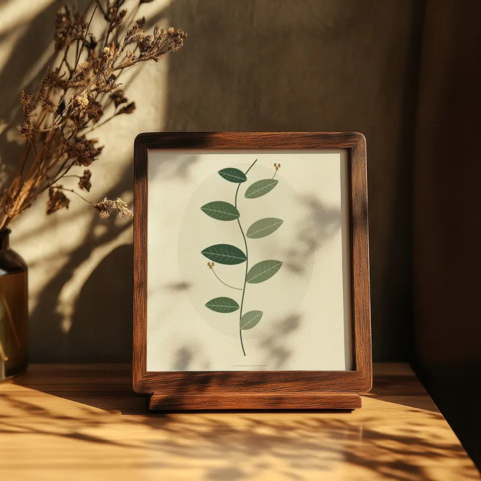 Dried Stems at Dusk: A small walnut frame stands on its own base atop a honey-coloured wooden table, beside dried stems in an amber glass bottle.