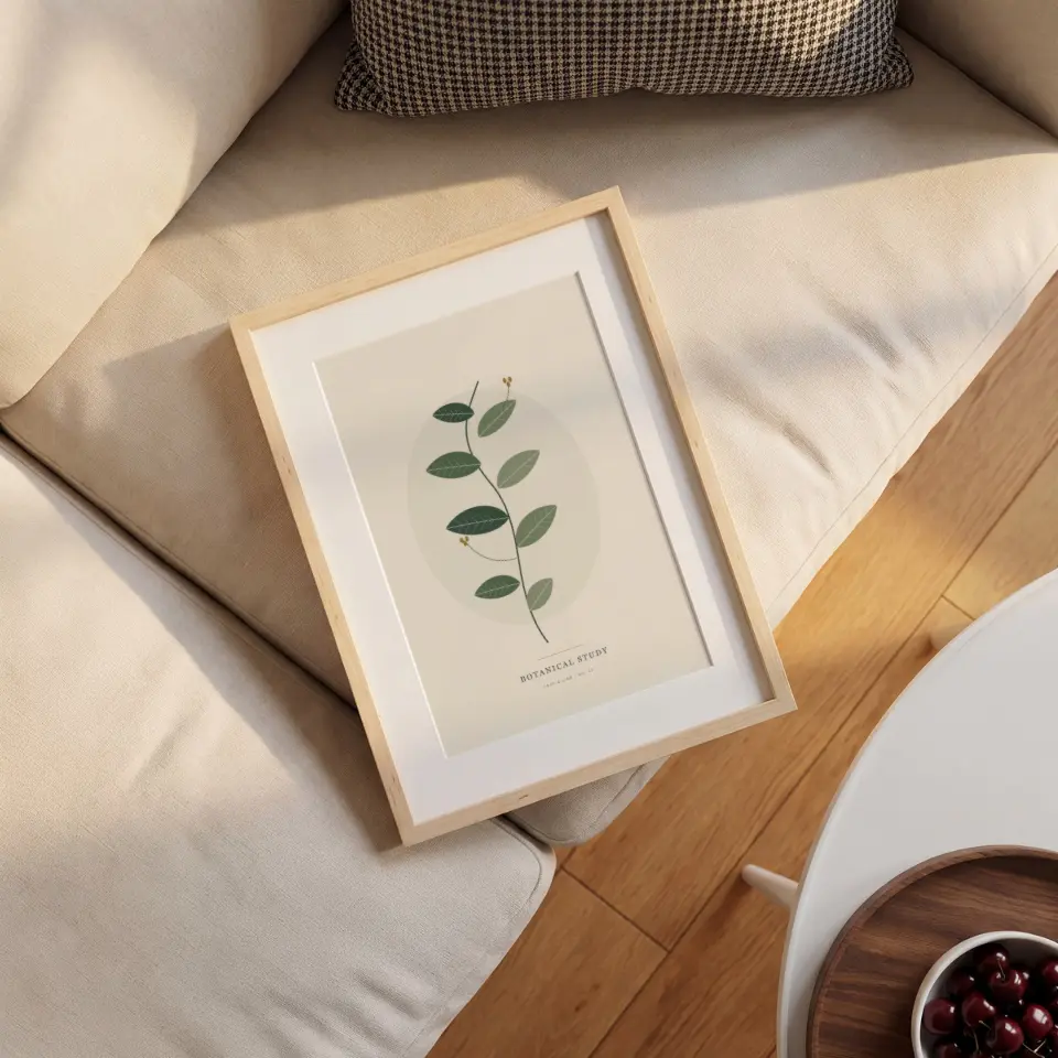 Oak on Cushions with Mat: Viewed from above, a pale oak frame with a broad white mat lies diagonally across the cushions of a cream sofa, with a houndstooth pillow at the top and a bowl of dark cherries on a round white table nearby.