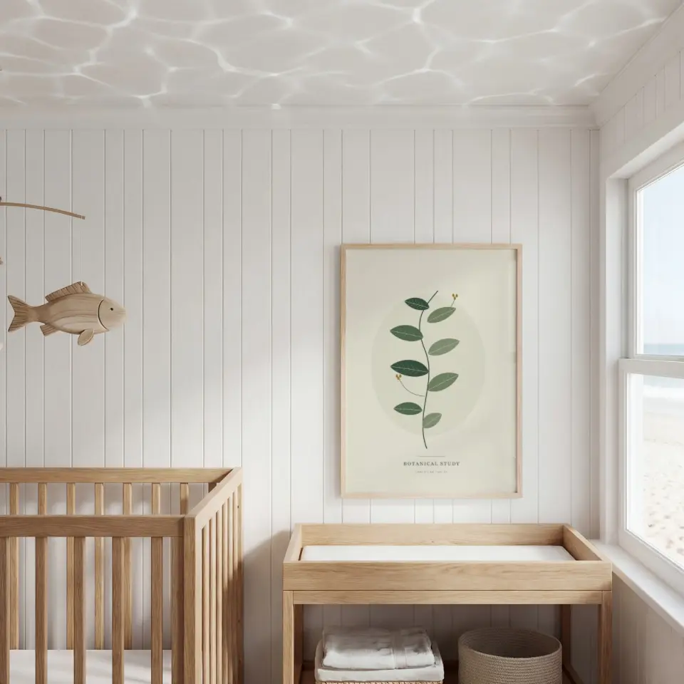 Coastal Nursery: A slim pale oak frame hangs on white vertical shiplap above an oak changing table, with a matching crib to the left and a carved wooden fish mobile floating in the air.
