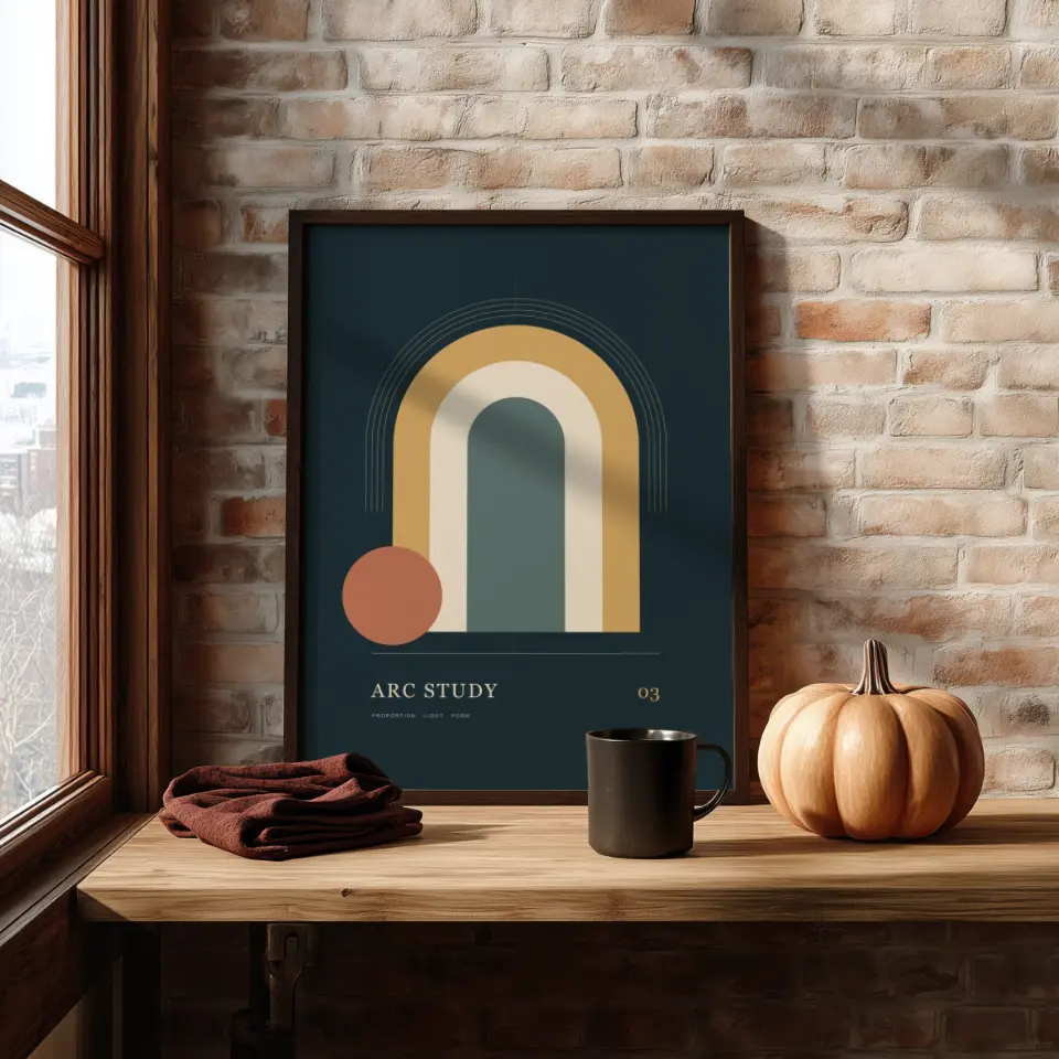 Harvest Window Portrait: A slim black frame leans against a whitewashed brick wall on a rustic wooden counter, joined by a plump pumpkin, a black enamel mug and a folded rust-red cloth.